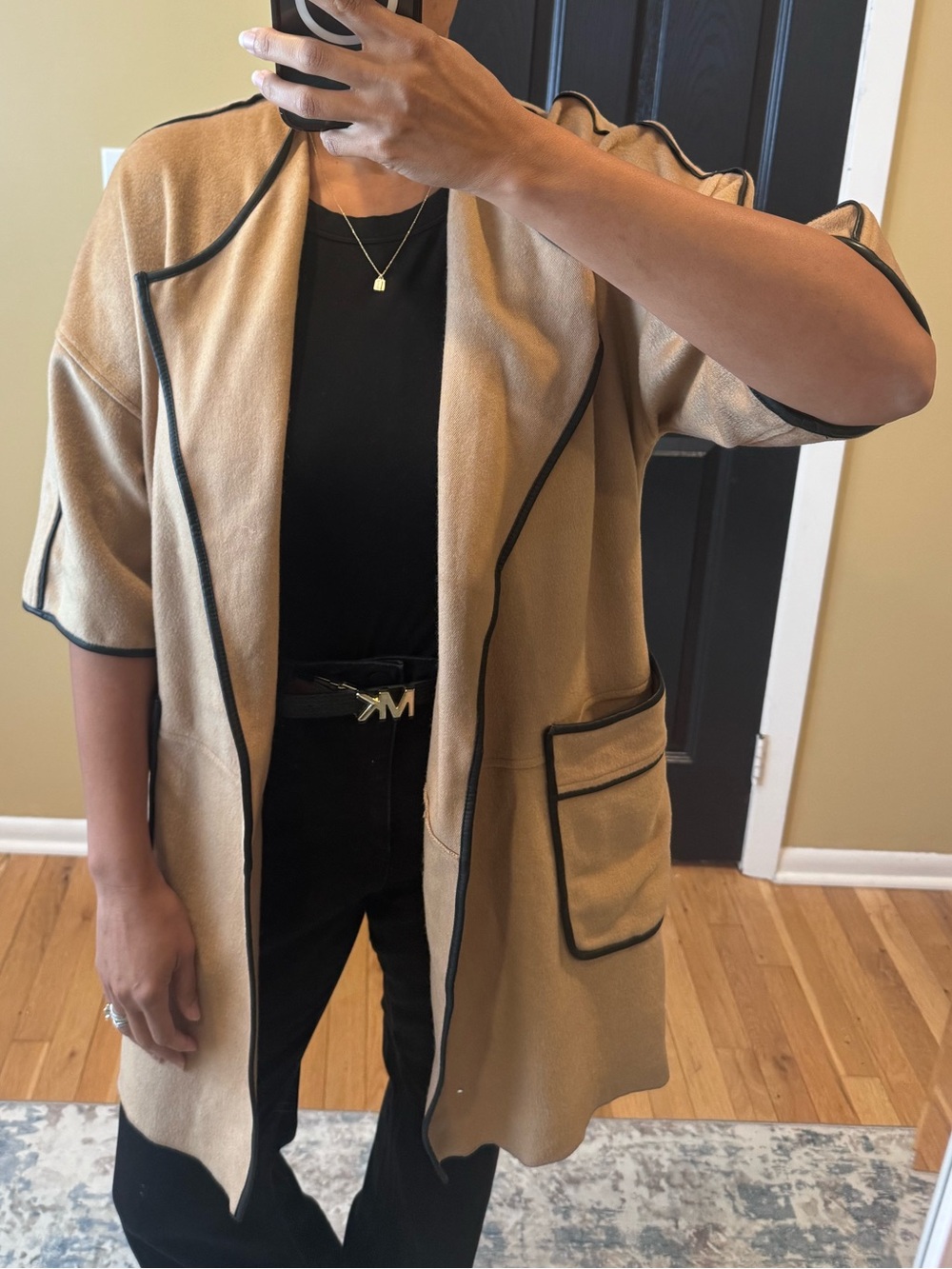 New York & Company Camel Wool Blend Open Front Coat Faux Leather Trim Size M